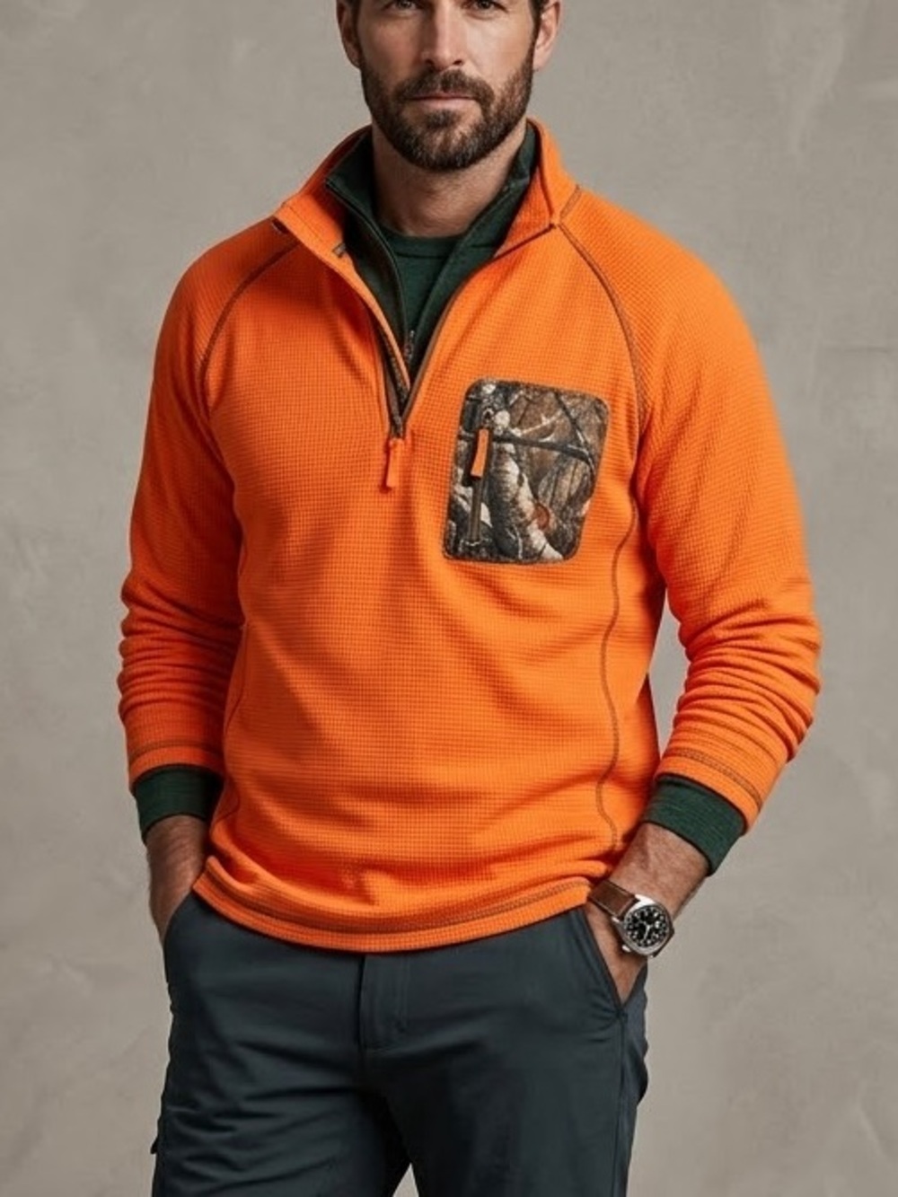 Legendary‎ Whitetails Mens LT Blaze Orange Waffle Knit Quarter Zip Camo Pocket